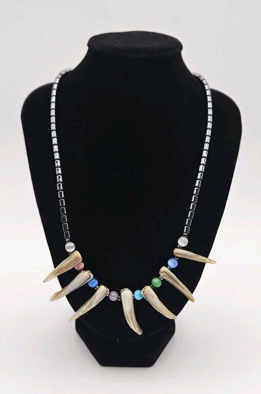 Shell Spike Beaded Necklace Black Tube Beads Multicolor Accents Boho Tribal...